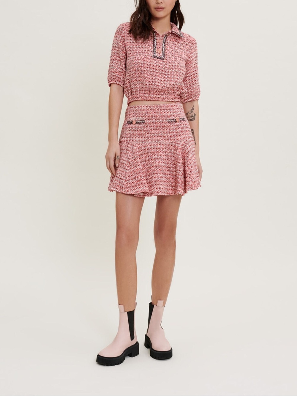 Maje Ethnic Trim Tweed Skort Set in Rose Rouge